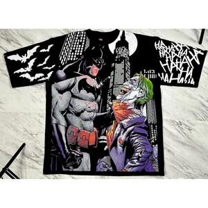 Vintage Style Batman Vs Joker Modern AOP Black T-shirt Size 2XL Comics #11P
